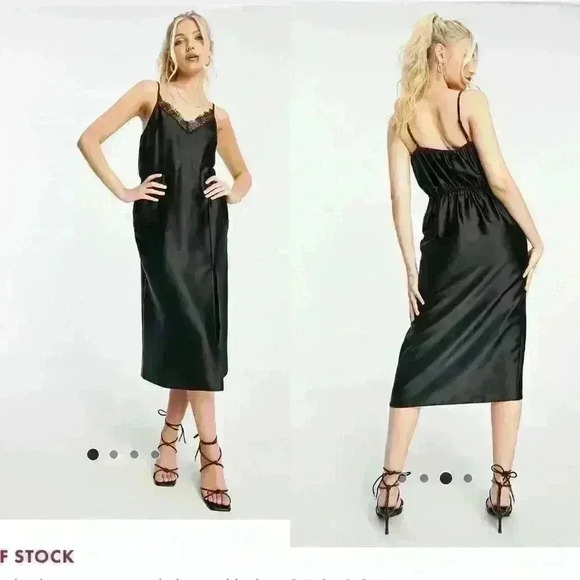 Black Satin Lace Trim Dress Ruched Slit Maxi Size 6 Miss Selfridge Casual Formal - Picture 8 of 8